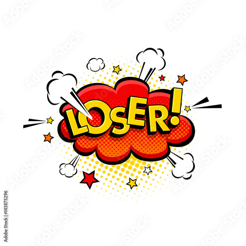 Comic speech bubble with expression text Loser, stars and clouds. Vector bright dynamic cartoon illustration in retro pop art style isolated on white background.