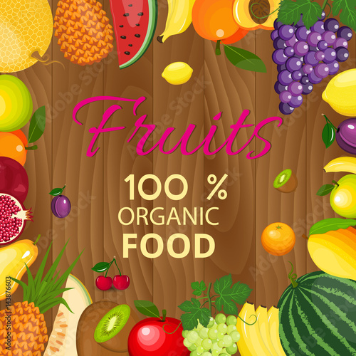 Healthy fruits and vegetarian food banners on green blackboard. Fresh organic food  healthy eating vector background with place for text.