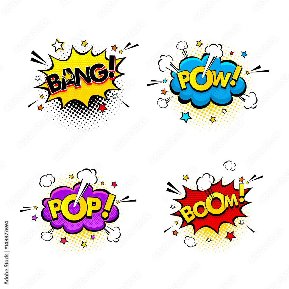 Comic speech bubbles and splashes set with different emotions and text Bang,  Pow, Pop, Boom. Vector bright dynamic cartoon illustrations isolated on  white background. Stock Vector | Adobe Stock