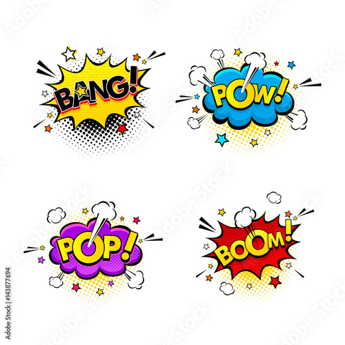 Comic speech bubbles and splashes set with different emotions and text Bang, Pow, Pop, Boom. Vector bright dynamic cartoon illustrations isolated on white background.