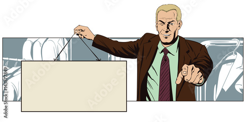 Man with banner in a clothing store.