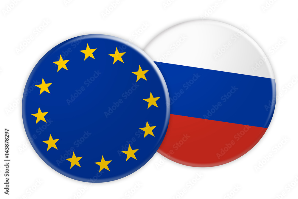 News Concept: EU Flag Button On Russia Flag Button, 3d illustration on white background News Concept: EU Flag Button On Russia Flag Button, 3d illustration on white background