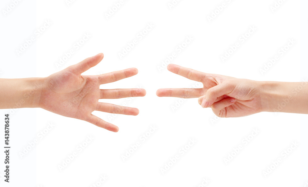 Rock paper scissors hands isolated with clipping mask.
Rock paper scissors hands isolated with clipping mask.