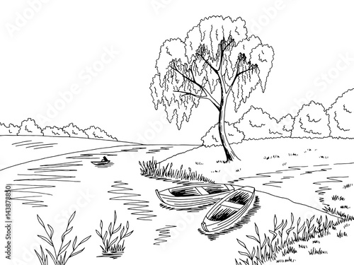 River boat graphic black white landscape sketch illustration vector