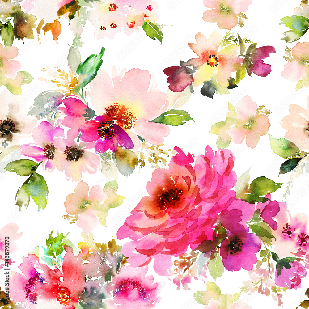 Obraz Bezszwowy lato wzór z akwarela kwiatami handmade.