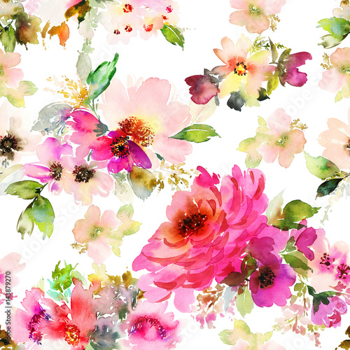 Obraz na płótnie Bezszwowy lato wzór z akwarela kwiatami handmade.