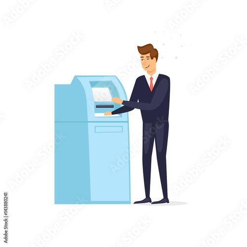 Man withdraws money from an ATM. Vector illustration flat style.