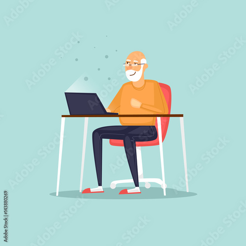 Elderly man is sitting on the Internet. Vector illustration flat style. 