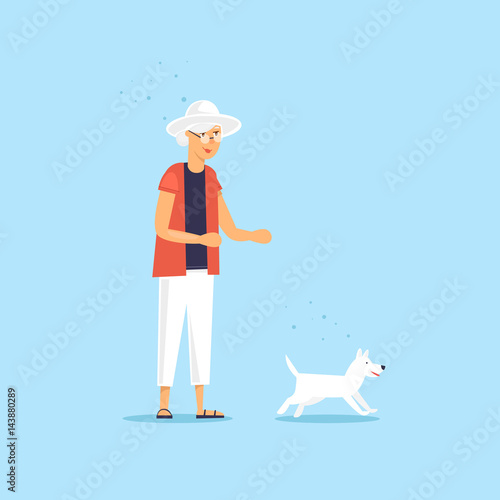 Elderly woman is walking a dog. Vector illustration flat style. 