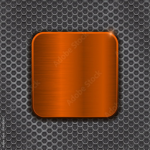 Orange metal square button on iron perforated background