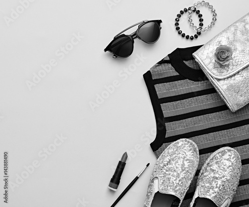 Fashion Design Woman Accessories Set. Cosmetic Makeup. Trendy Hipster fashion Stripy Dress, Stylish Sunglasses, Handbag Clutch, clothes.Glamor fashion shoes. Luxury Lady. Monochrome. Art Urban Minimal