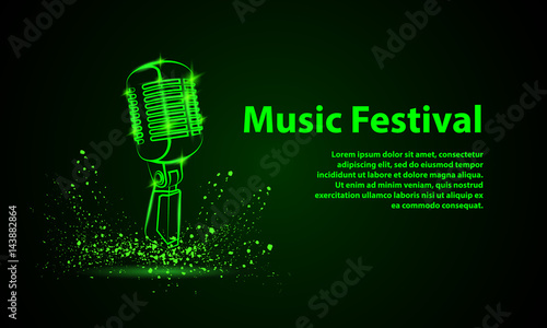 Music festival background for flyer, banner, billboard. Green neon microphone illustration on a black background. Music group cover disk template.