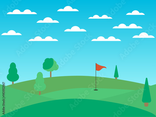 Golf course with a hole and a red flag. Landscape with green fields and trees. Sunny day. Vector illustration