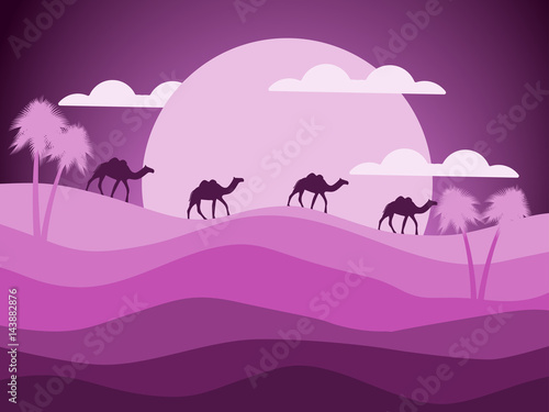 Desert landscape with a caravan of camels in the background of the sun. Vector illustration