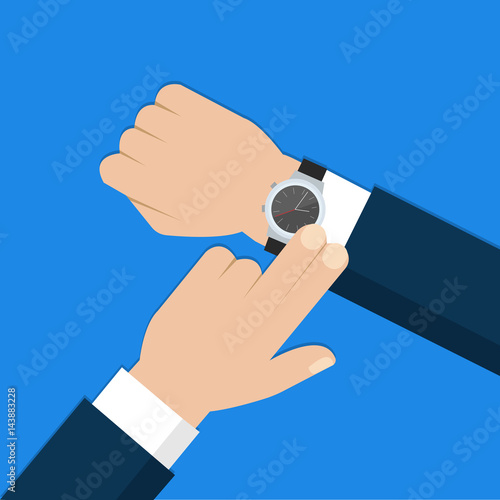 Business man with wristwatch checks time. Hand with clock in flat design on blue background. Vector illustration