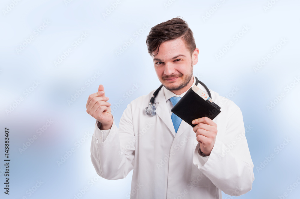 Cheerful medic receiving his payment or salary Cheerful medic receiving his payment or salary