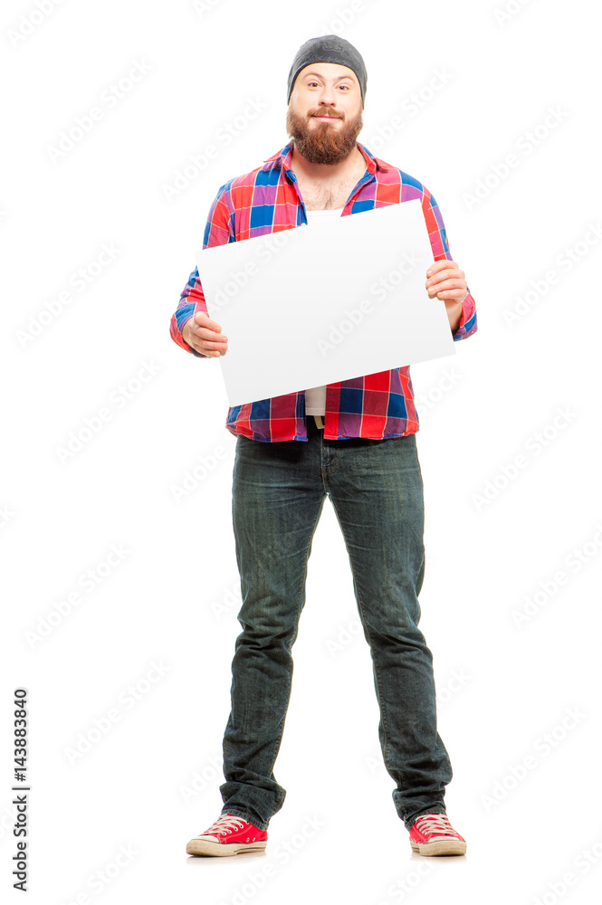 Your text here. Cheerful bearded man holding blank and smiling at camera while standing isolated on white background Your text here. Cheerful bearded man holding blank and smiling at camera while standing isolated on white background