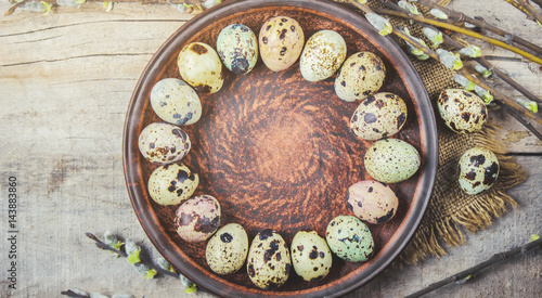 quail eggs on a beautiful spring background. Selective focus.   photo