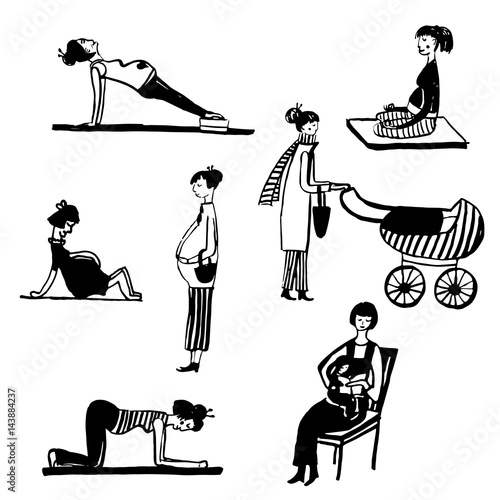 Drawing set of isolated picture of a pregnant womans, a womans with  childrens, sketch hand drawn vector illustration