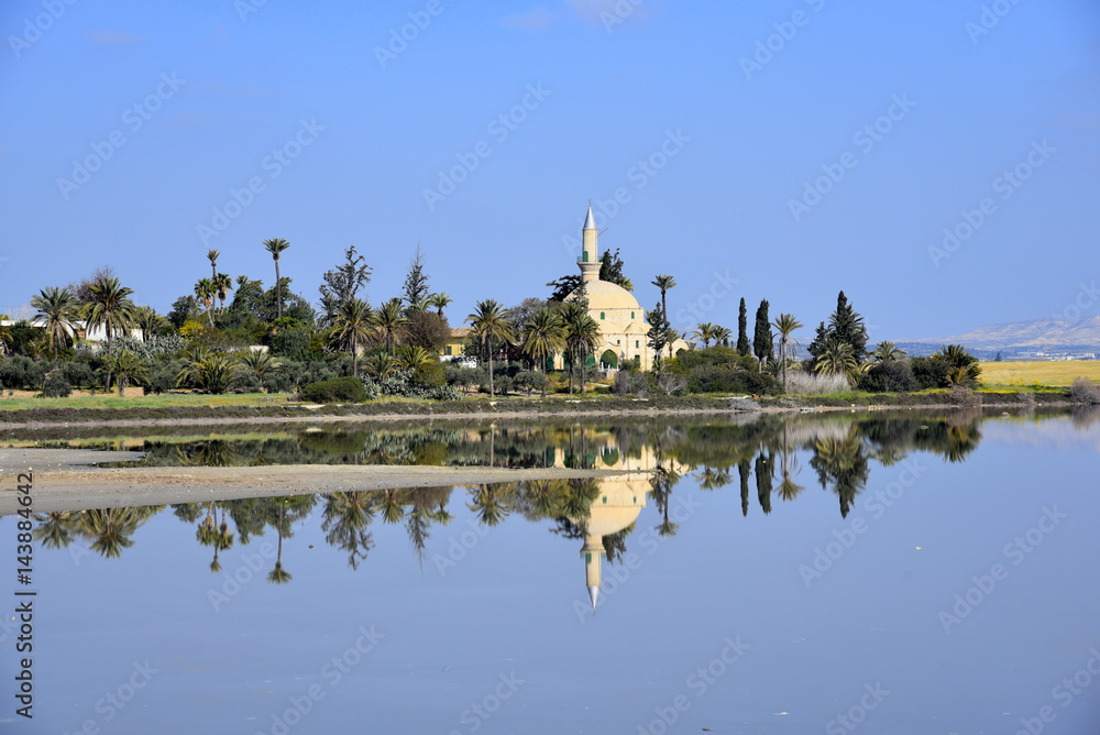 Hala Sultan Tekke, Larnaca, Cyprus and reflection on salt lake 