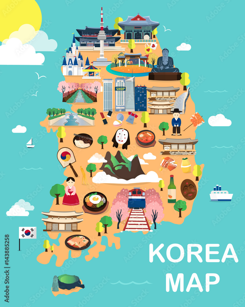 Fototapeta premium Map Of Korea Attractions Vector And Illustration.