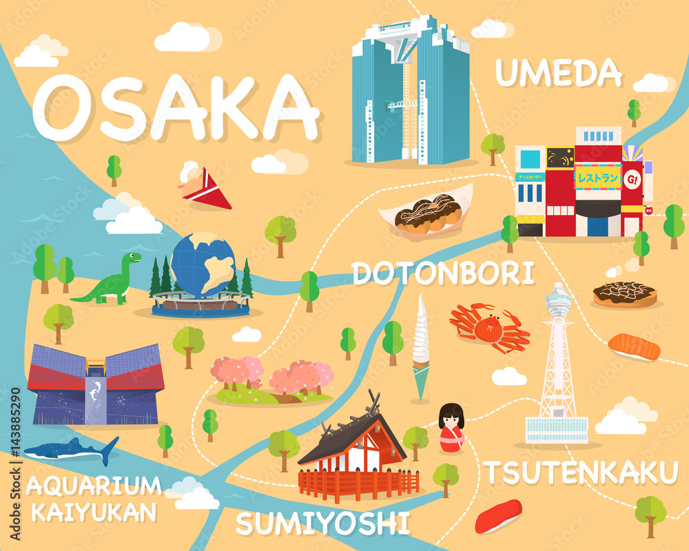 Obraz premium Mapa atrakcji turystycznych Osaki, wektorowe i ilustracje.