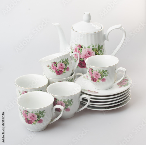 tea set or porcelain tea set on background.