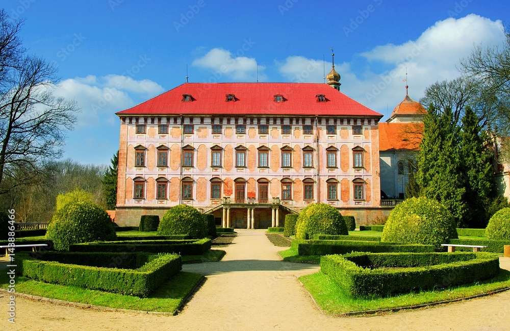 Castle Libochovice with french style gardens. Front view. Libochovice, Litomerice district, Usti nad Labem region, Czech Republic