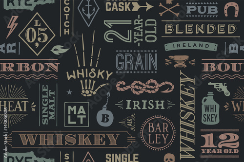Seamless pattern with types of whiskey and hand drawn lettering for bar, pub, cafe, fest and party. Vintage drawing for placemat, bar menu, t-shirt print and whiskey themes. Vector Illustration