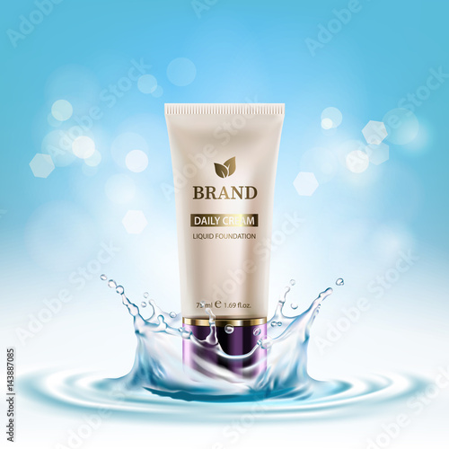 Cosmetics product on background of water splash and light blue bokeh. Vector illustration EPS10
