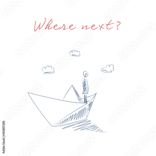 Business man on a paper boat hand drawn sketch vector. Business leadership and goal, objective oriented concept. Risk management symbol.