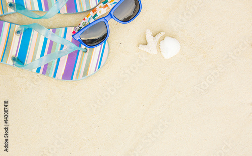 Summer time on seashore, seashell, sunglasses