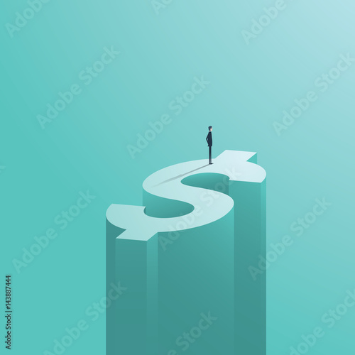 Businessman standing on tall dollar money sign as a symbol of business investment or risk. Banking, financial, trade symbol.