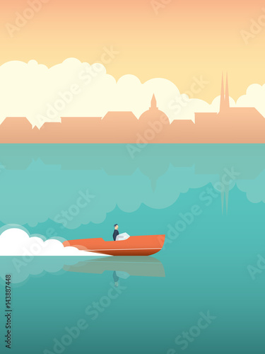 Summer vacation or holiday poster with elegant man in fast speedboat with Venice or other historical monument cityscape.