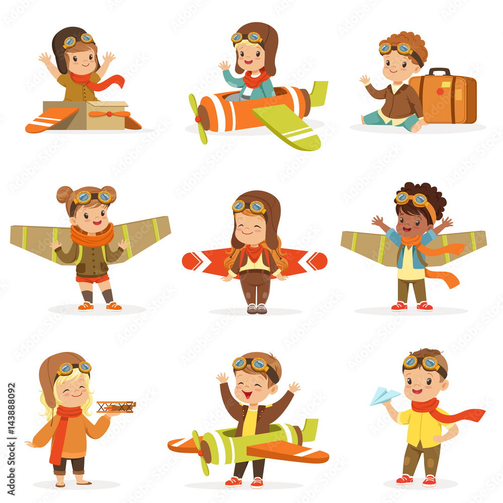 Small Children In Pilot Costumes Dreaming Of Piloting The Plane, Playing With Toys Adorable Cartoon Characters - obrazy, fototapety, plakaty 