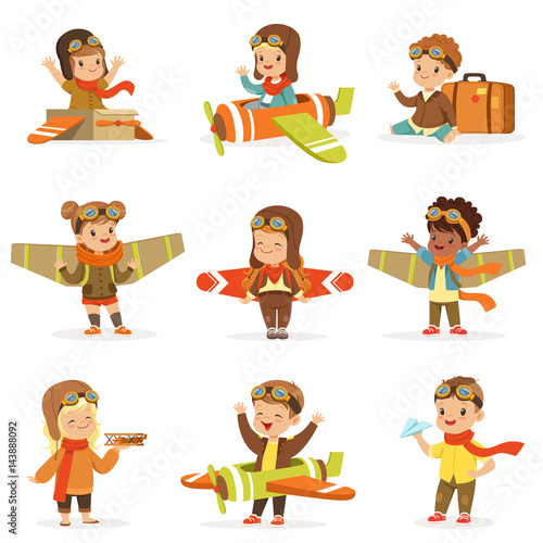 Small Children In Pilot Costumes Dreaming Of Piloting The Plane, Playing With Toys Adorable Cartoon Characters