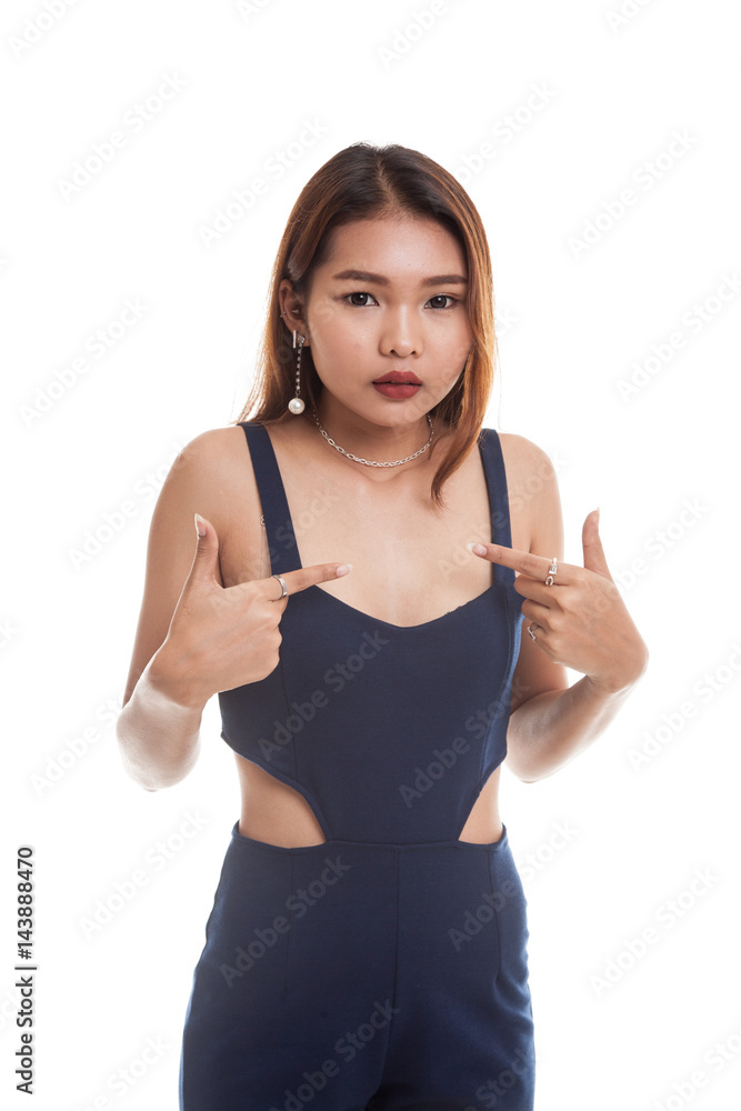 Young Asian woman point at herself ask why me. Young Asian woman point at herself ask why me.