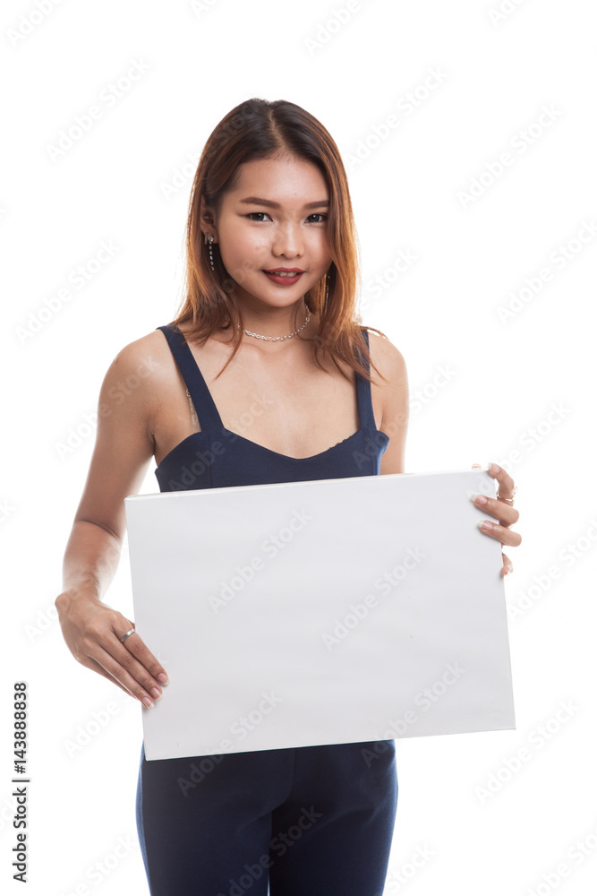 Young Asian woman with white blank sign. Young Asian woman with white blank sign.