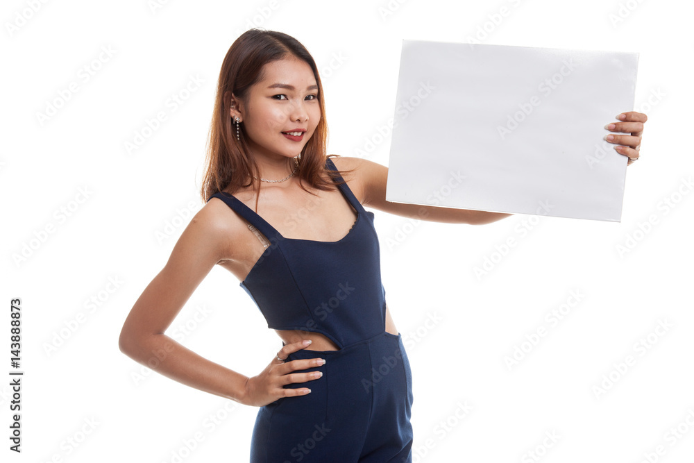 Young Asian woman with white blank sign. Young Asian woman with white blank sign.