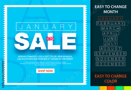 Sale banner for each month. January sale 70%. Easy change month and color.