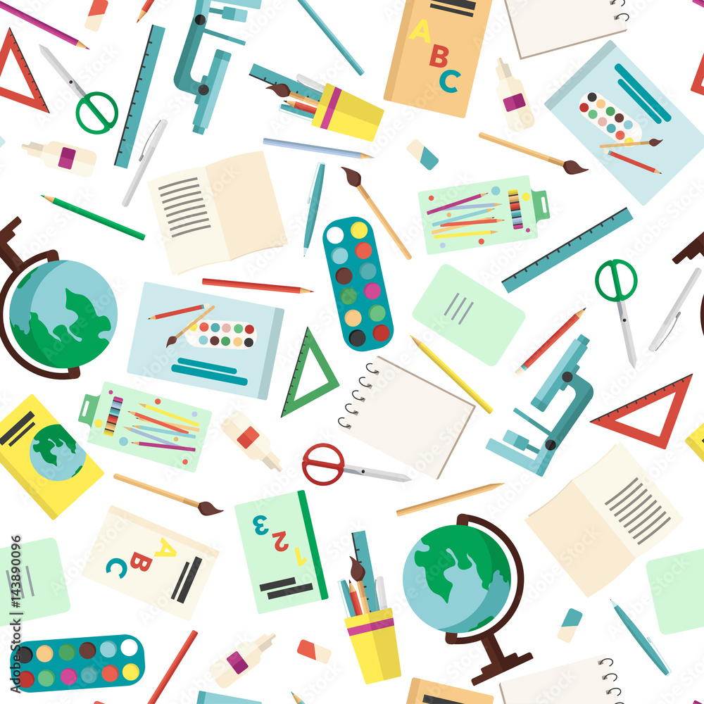 Vector illustration seamless pattern background with School supplies. Pen, pencil, ruler, scissors, paper, glue, brush, paint, drawing album, globe, textbook, notebook, microscope in flat design style Vector illustration seamless pattern background with School supplies. Pen, pencil, ruler, scissors, paper, glue, brush, paint, drawing album, globe, textbook, notebook, microscope in flat design style