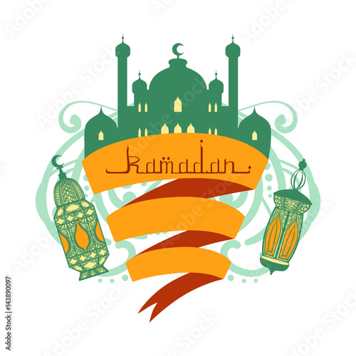 Ramadan greeting card with arabic calligraphy. Colorful vector illustration isolated on a white background. photo