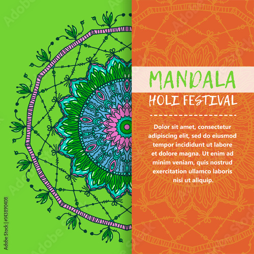 Vector mandala Holi. Happy Holi festival greeting card design with Mandala. Oriental pattern, vector illustration. Islam, Arabic Indian turkish motifs