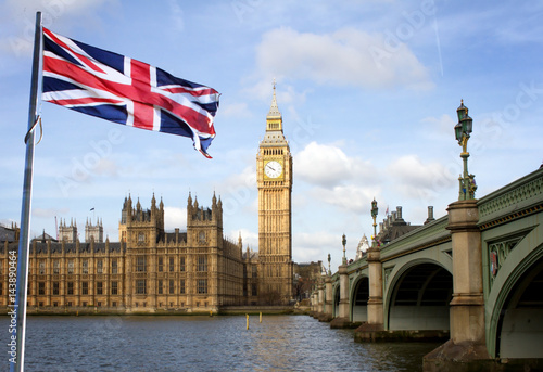London Big Ben and Westminster bridge and british flag