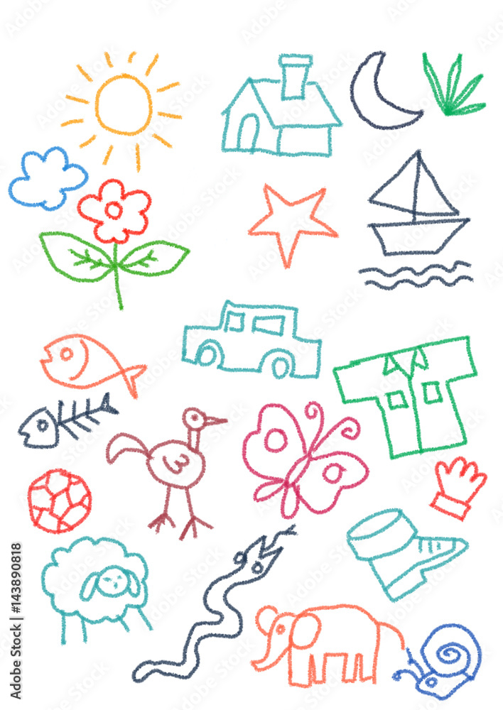 kids doodle color-full random object crayon icon collection. car, sun, home, butterfly, snake