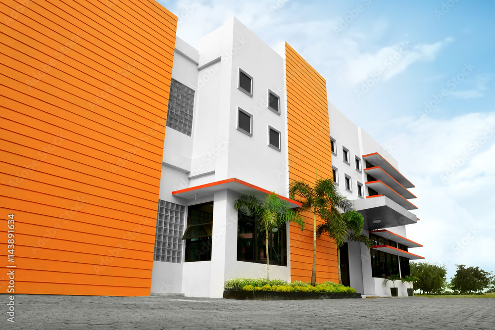 Stylized modern office building with parking lot Stylized modern office building with parking lot