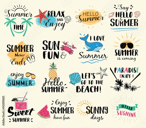 Summer labels, logos, hand drawn tags and elements set for summer holiday, travel, beach vacation, sun. Vector illustration. 