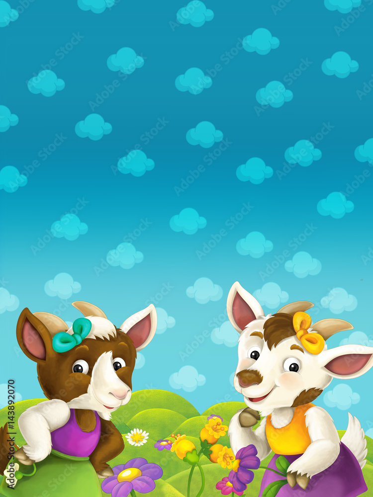 Naklejka premium cartoon nature frame with animal goat and space for text