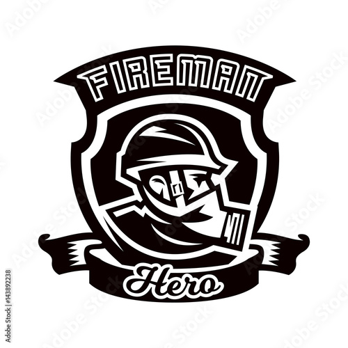 Monochrome logo, emblem, fireman in a gas mask.