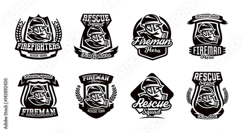 A set of logos, emblems, a fireman in a gas mask.